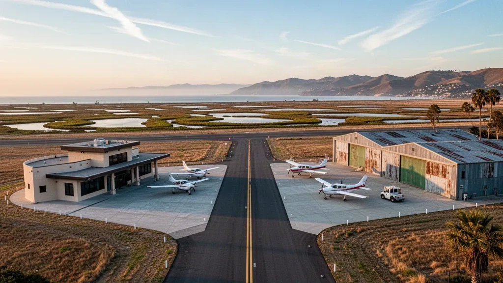 Aviones ligeros y hangares bajos junto a la pista del Aeropuerto de Palo Alto, con los humedales de Baylands y las colinas de California al fondo