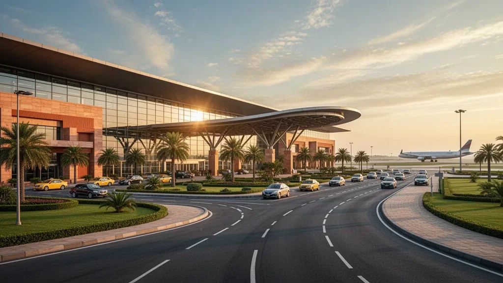 Golden-hour view of the modern glass terminal and drop-off forecourt at Jay Prakash Narayan Airport in Patna, India