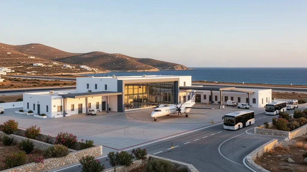 Terminal cicládica moderna de paredes blancas y plataforma en el Aeropuerto Nacional de Paros, Grecia, con el horizonte del mar Egeo a la hora dorada.