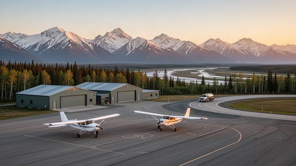 Piccolo aereo parcheggiato sul piazzale dell'aeroporto municipale Warren Bud Woods Palmer con le montagne innevate dell'Alaska sullo sfondo