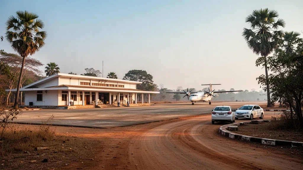 Kleines regionales Flughafenterminal in Pauk, Myanmar, mit Palmen und einer parkenden Turboprop-Maschine bei warmem Licht am späten Nachmittag.