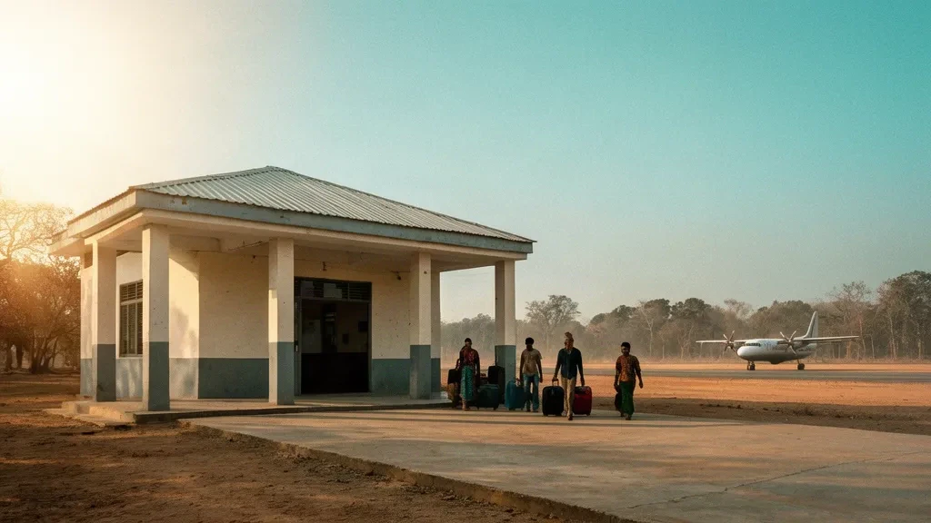 Außenansicht des Terminals des Flughafens Pauk (PAU) in der Magway-Region, Myanmar, mit Reisenden auf dem Vorfeld und einer kleinen regionalen Flugplatzumgebung