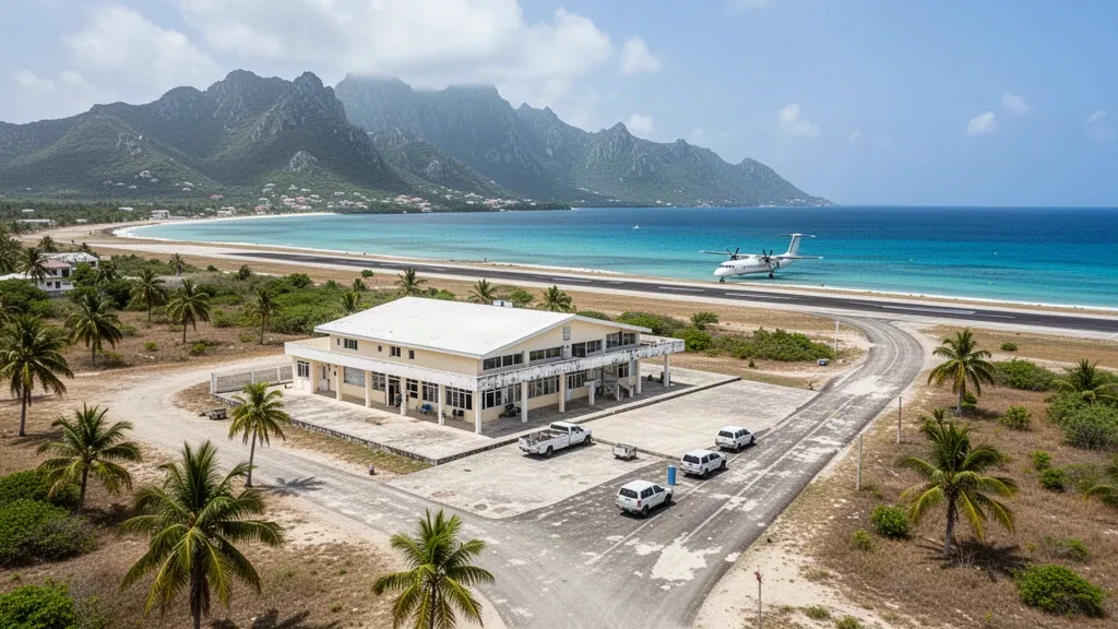 Kleines karibisches Flughafenterminal, Vorfeld und Küstenlandebahn in Port-de-Paix, Haiti, umrahmt von Palmen, türkisfarbenem Meer und nebligen Bergen