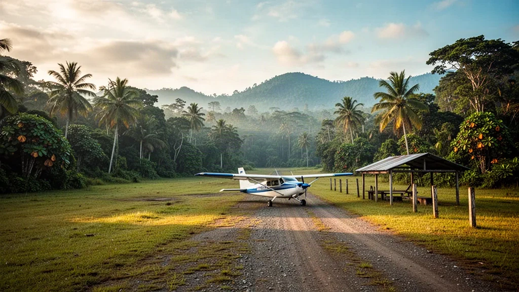 Piccolo aereo ad elica sulla pista erbosa di Pambwa Airstrip in Papua Nuova Guinea, circondato da una fitta foresta pluviale tropicale all'alba
