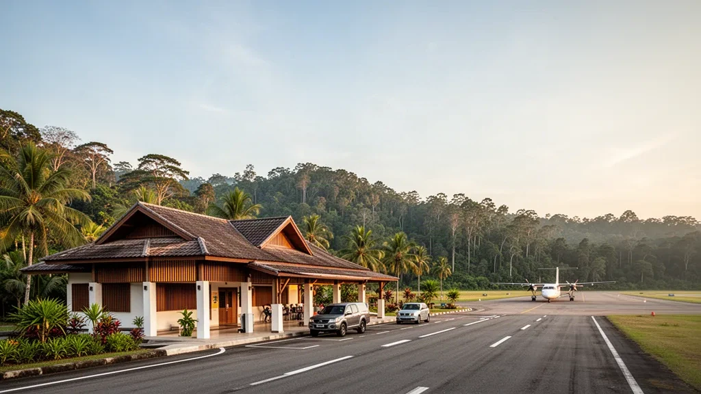 Kleines tropisches Flughafenterminal und Start- und Landebahn am Flughafen Pamol in Sabah, Malaysia, umgeben von Palmen und Regenwaldhügeln.