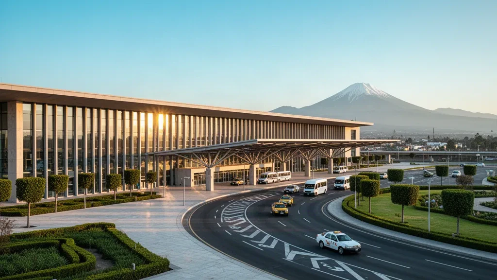 Exterior moderno de terminal de cristal y carriles de descenso en el Aeropuerto Internacional Hermanos Serdán en Puebla con volcanes en la hora dorada