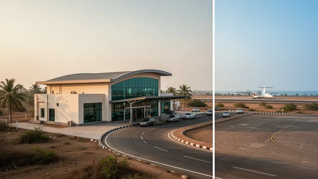 Modern glass terminal exterior at Porbandar Airport in Gujarat with a turboprop aircraft parked on the apron in golden-hour light