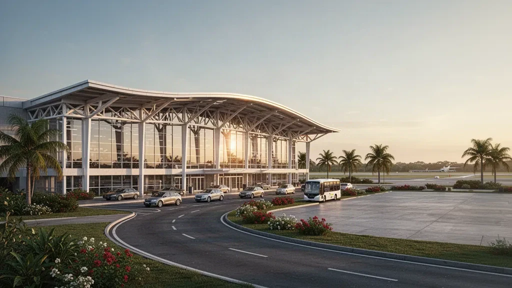 Moderne Außenansicht des Terminals am Flughafen Fábio Perini in Brasilien mit geschwungener Glasfassade, landschaftlich gestalteter Vorfahrt und warmem Licht zur goldenen Stunde