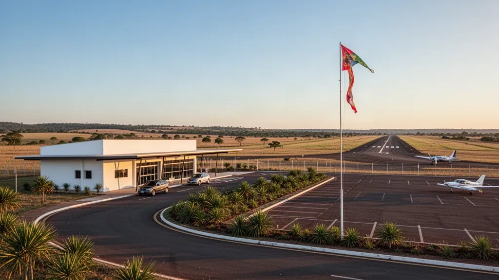Petit terminal d'aéroport régional à Paranaíba, au Brésil, avec voie de dépose en bordure de trottoir et paysage plat de cerrado à l'heure dorée