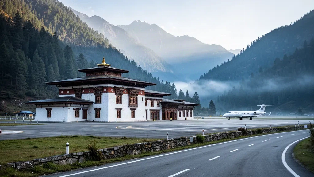 Bhutanese dzong-style terminal at Paro International Airport surrounded by forested Himalayan mountains in the Paro Valley
