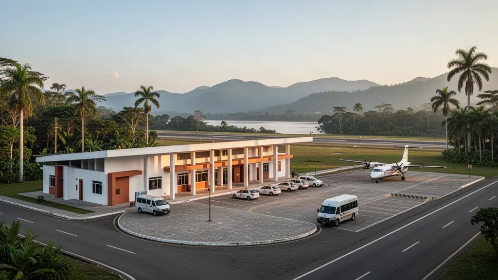Terminal et piste de l'aéroport de Puerto Berrío dans l'Antioquia, en Colombie, entourés de la végétation tropicale du fleuve Magdalena à l'heure dorée