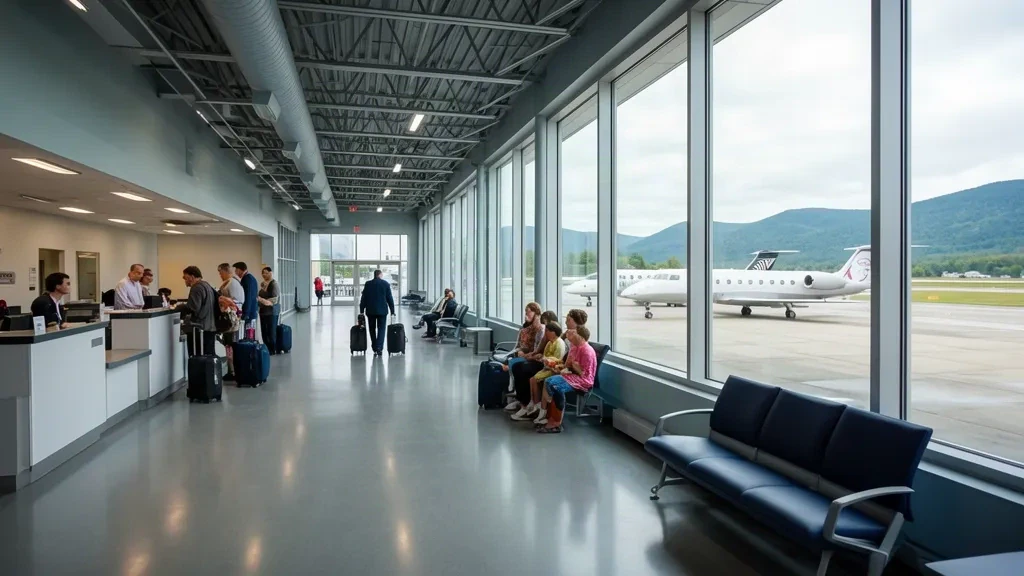 Interior of Plattsburgh International Airport terminal showing check-in counters, seating and apron views