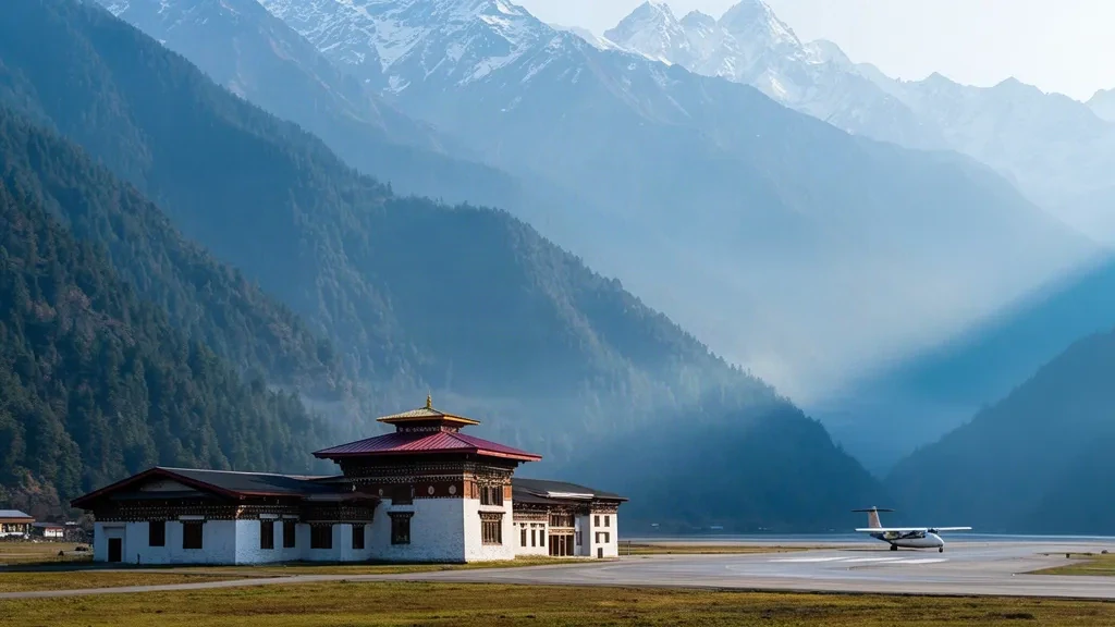 Bâtiment terminal traditionnel bhoutanais à l'aéroport international de Paro se détachant sur les pics himalayens au Bhoutan