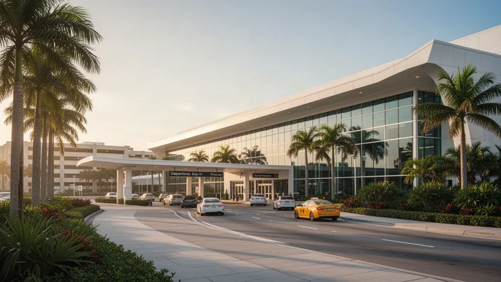 Vue à l'heure dorée de l'aéroport international de Palm Beach en Floride, avec un terminal moderne en verre, des voies de dépose bordées de palmiers et un ciel dégagé