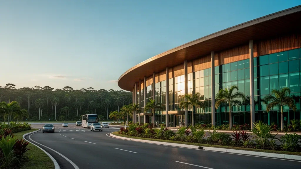 Zanderij, Surinam'daki Johan Adolf Pengel Uluslararası Havalimanı'nın altın saatlerdeki modern cam ve ahşap terminal dış görünümü