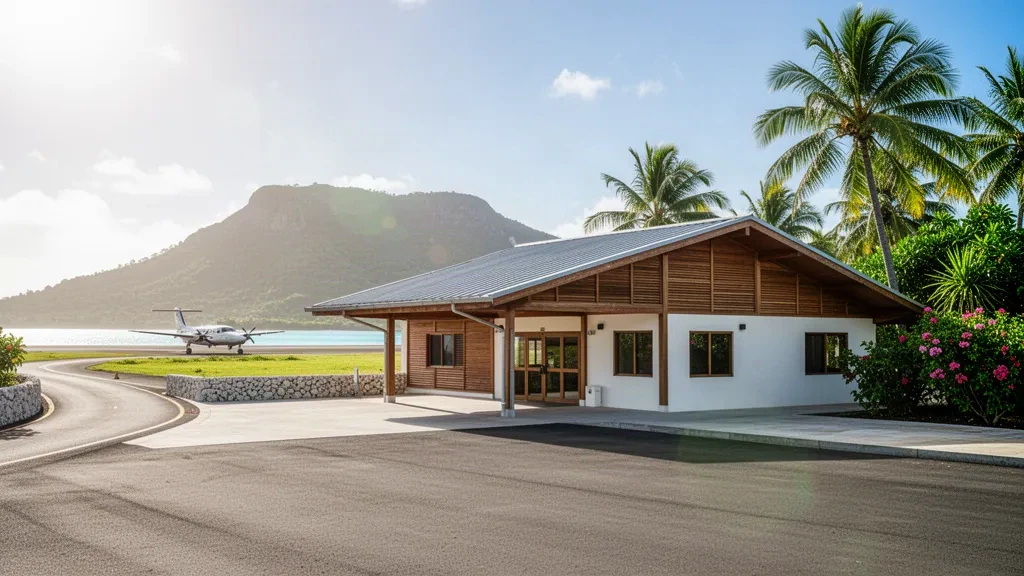 Terminal de l'aéroport de Tavie et aire de stationnement pavée entourés de palmiers tropicaux sous la lumière éclatante du soleil des îles du Pacifique