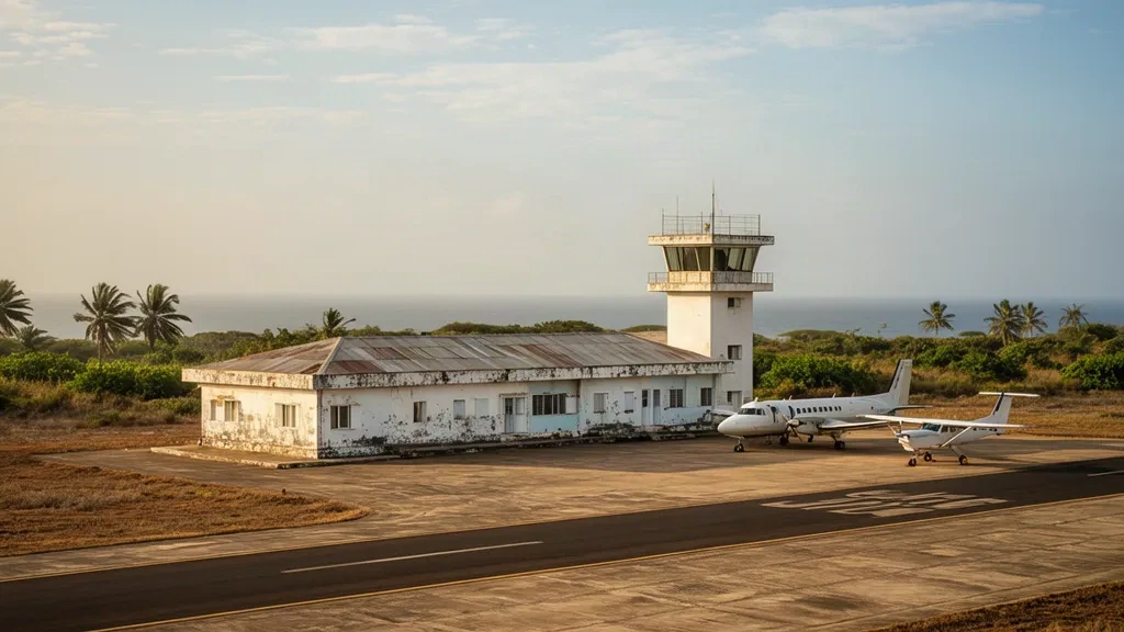 Small whitewashed terminal building and parked light aircraft on the sunlit apron at Porto Amboim Airport in coastal Angola
