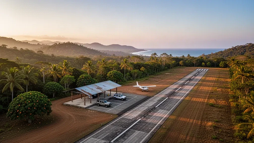 Kleine tropische Landebahn bei Playa Islita in Costa Rica mit einem Leichtflugzeug, Palmen und Hügeln, die in der goldenen Stunde auf die Pazifikküste treffen