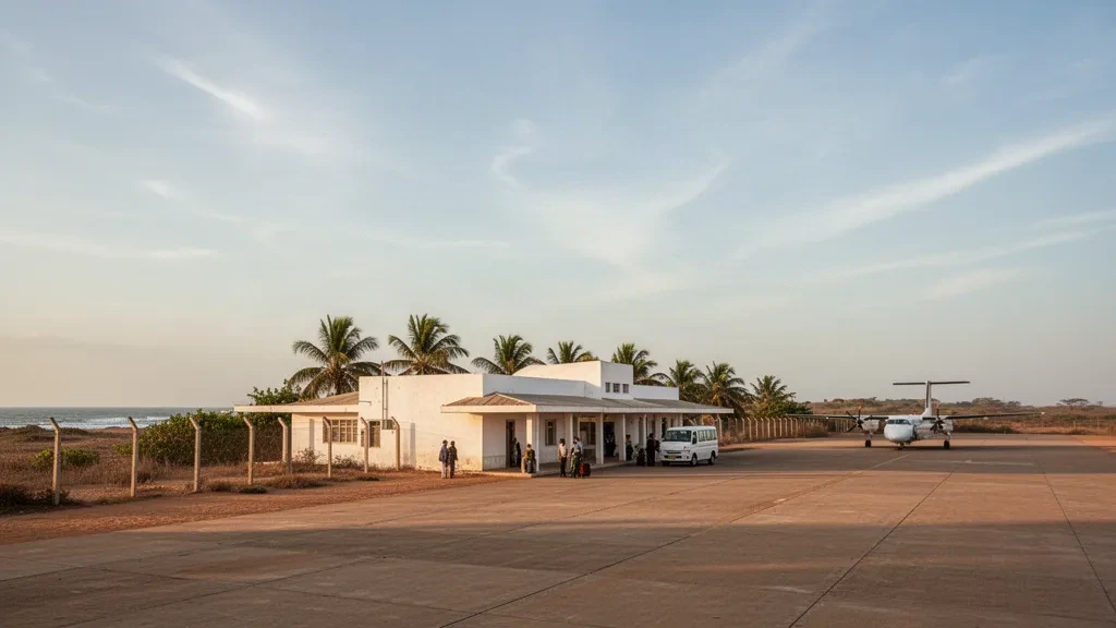 Pequeña terminal de aeropuerto regional en Porto Amboim, Angola, con una aeronave turbohélice estacionada y una plataforma bordeada de palmeras a la hora dorada