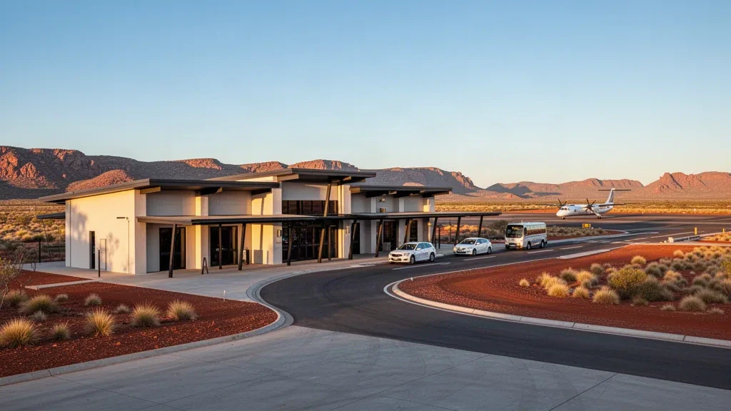 Batı Avustralya'nın Pilbara bölgesindeki Paraburdoo Havalimanı'nda geniş bir outback gökyüzü altında modern terminal ve indirme alanı