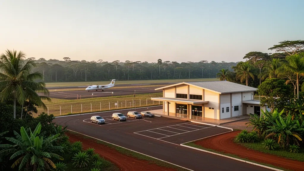 Pequeña terminal regional y carril de descenso en el Aeropuerto de Pimenta Bueno, en Rondônia, Brasil, rodeada de selva tropical durante la hora dorada.