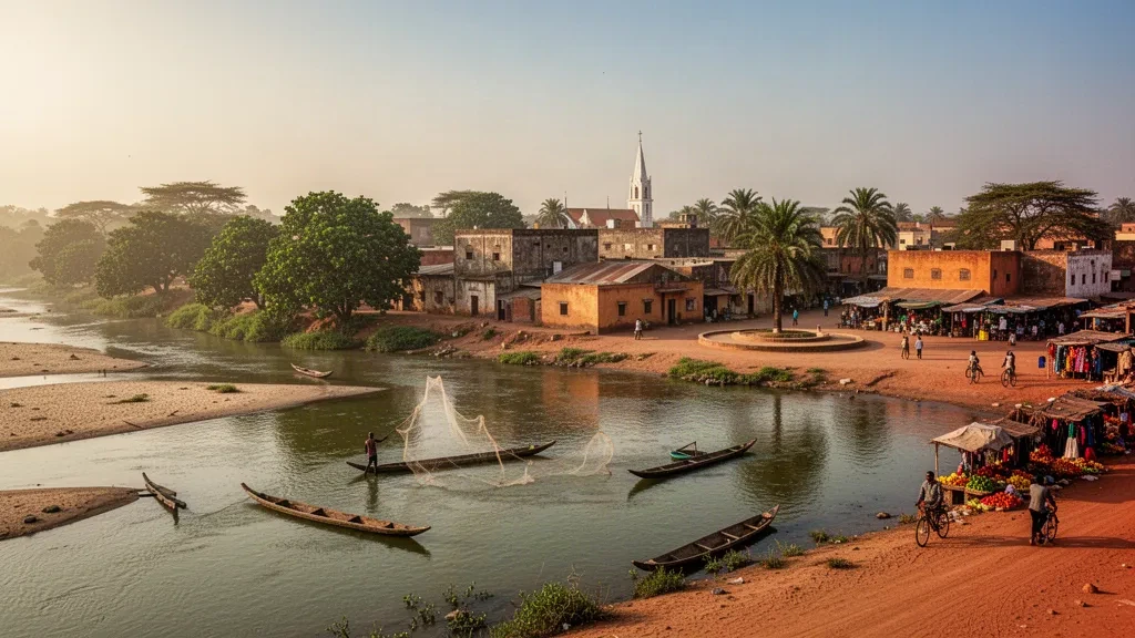 Panorama urbano di Moundou lungo il fiume Logone nella regione ciadiana del Logone Occidentale durante l'ora d'oro
