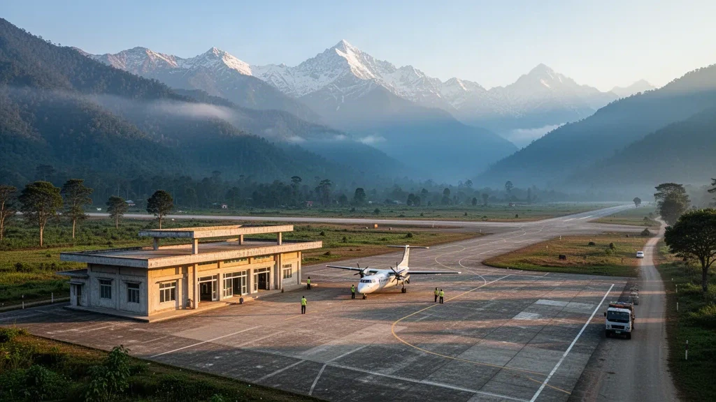 Petit tarmac d'aéroport régional à Putao dans l'État Kachin, au Myanmar, encadré par les contreforts brumeux de l'Himalaya dans une lumière dorée du matin