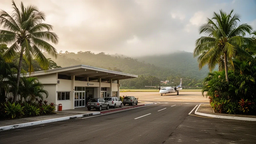 Terminal tropical et aire de trafic avec des palmiers à l'aéroport de Puerto Barrios sur la côte caraïbe du Guatemala, dans une lumière chaude de fin d'après-midi