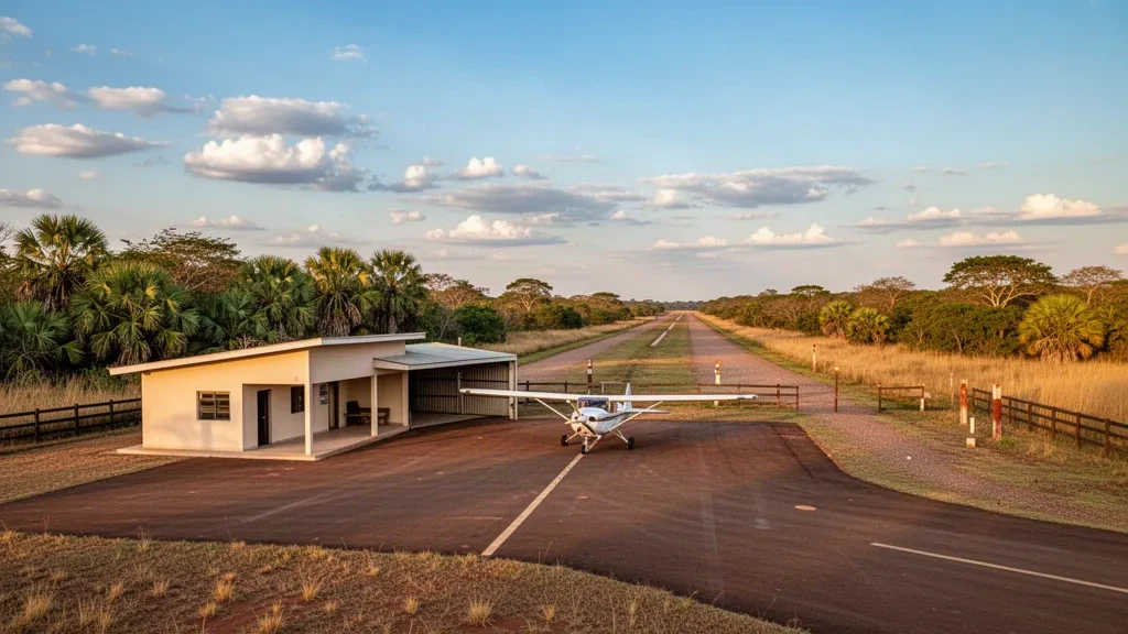 Pequeña terminal de aeródromo tropical, plataforma y pista de aterrizaje cerca de Puerto Leda, Paraguay, con luz cálida de atardecer y vegetación alrededor.