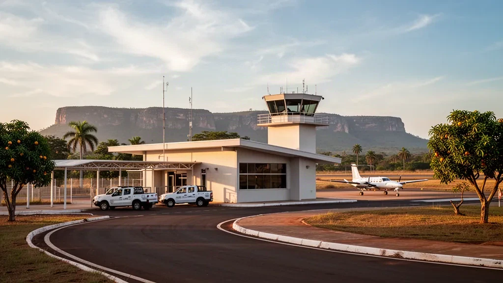 Terminal, Zufahrtsstraße und Startbahn am Flughafen Fazenda Piraguassu in Mato Grosso, Brasilien, in warmem tropischem Licht am späten Nachmittag