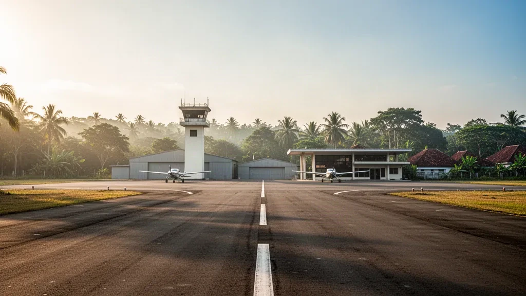Runway, control tower and hangars of Pondok Cabe Air Base in South Tangerang, Indonesia, under warm tropical late-afternoon light.