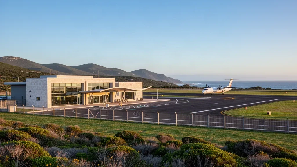 Terminal y plataforma del Aeropuerto de Plettenberg Bay a la hora dorada, enmarcados por el fynbos costero y el océano Índico en la Garden Route