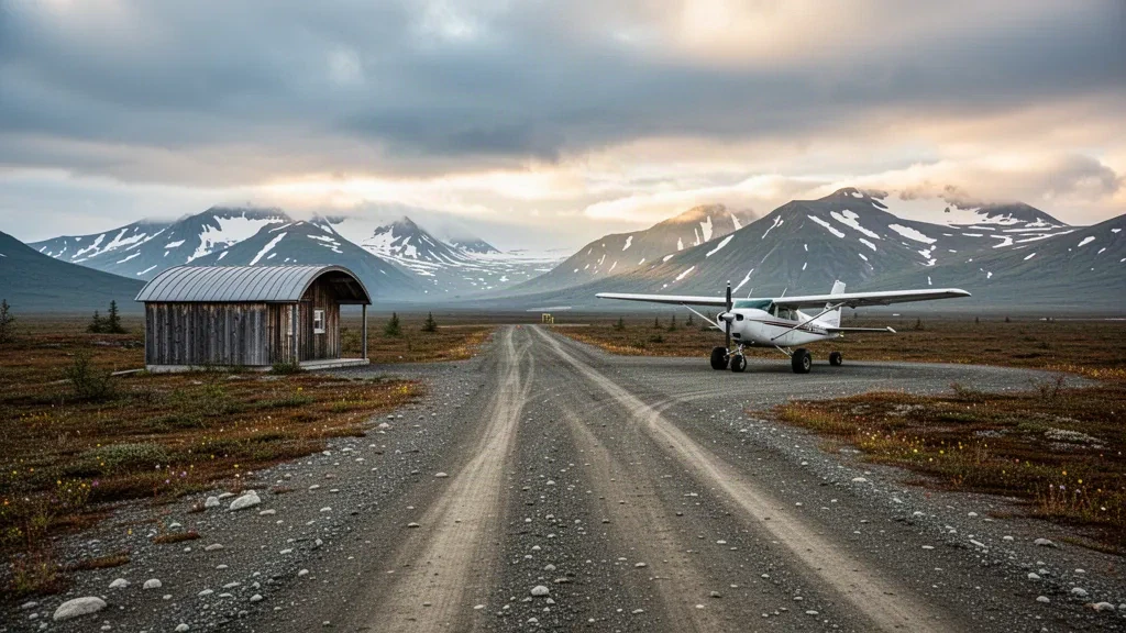 Piste en gravier, toundra et montagnes lointaines à l'aéroport de Portage Creek en Alaska sous une lumière douce et couverte
