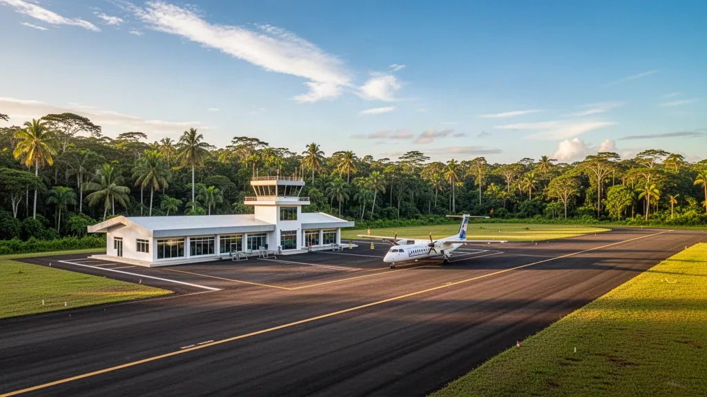 Modern tropical terminal and runway at Puerto Rico Airport in Caquetá, Colombia, surrounded by Amazon rainforest.