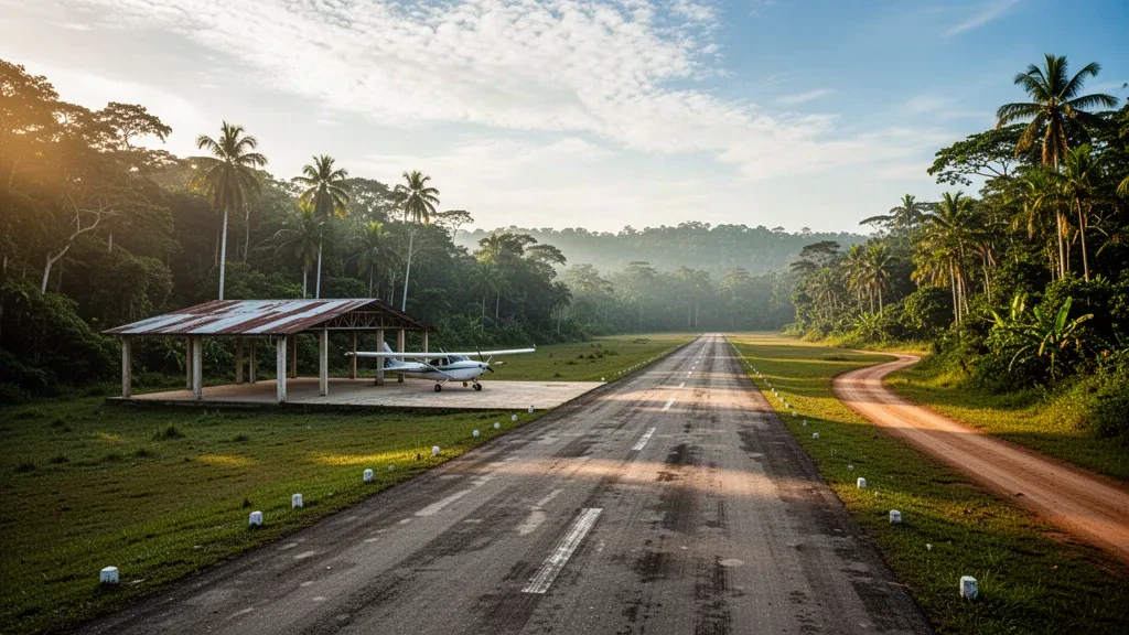 Small tropical airstrip and hangar at Paso Caballos Airport in Petén, Guatemala, ringed by dense rainforest in warm morning light