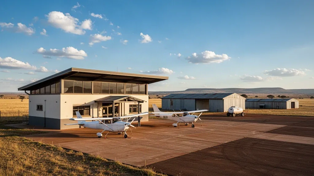 Petit terminal d'aérodrome régional, aire de trafic et aéronef léger à l'aéroport de Potchefstroom sur le Highveld sud-africain à l'heure dorée