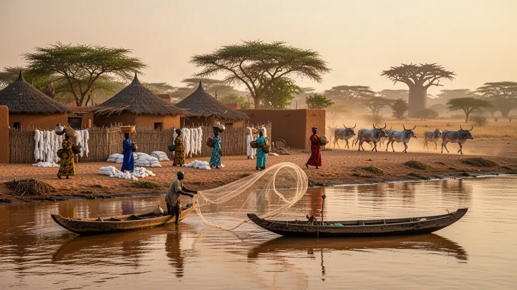 Ansicht von Bongor am Logone im Tschad zur goldenen Stunde in der Region Mayo-Kebbi Est, mit hölzernen Pirogen, Lehmhäusern und Savannenbäumen
