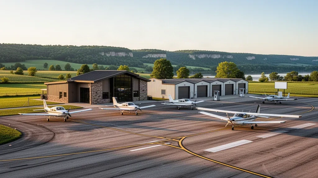 Wisconsin'deki Prairie du Chien Municipal Havalimanı'nda küçük genel havacılık apronu, hangarlar ve terminal, altın ışıkta Mississippi Nehri yamaçları