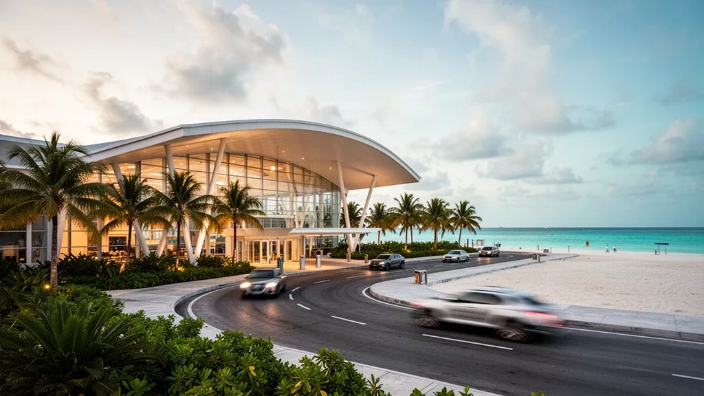 Modern glass airport terminal exterior with palm trees at Playa del Carmen National Airport in golden-hour Caribbean light