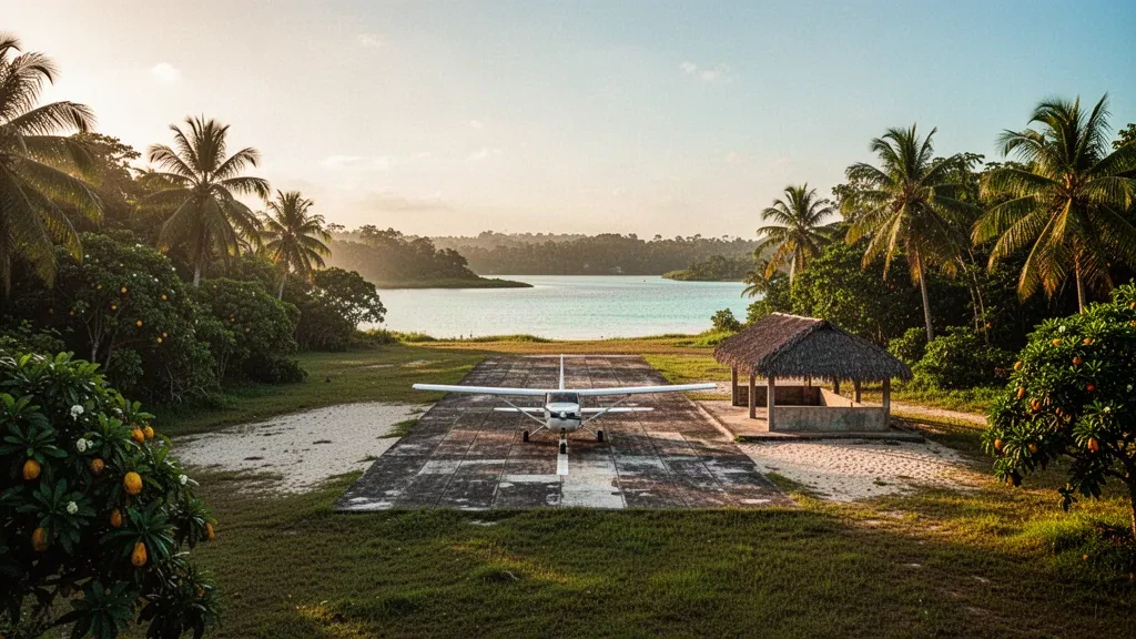 Avion léger sur la piste de l'aéroport de Palacios au Honduras, entouré de palmiers tropicaux et d'un lagon côtier à l'heure dorée