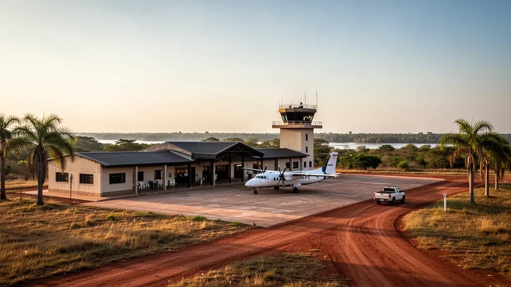 Terminal regional de baja altura y una aeronave ligera en la plataforma del Aeropuerto Puerto La Victoria, en el Chaco paraguayo, iluminados por la luz de la hora dorada.