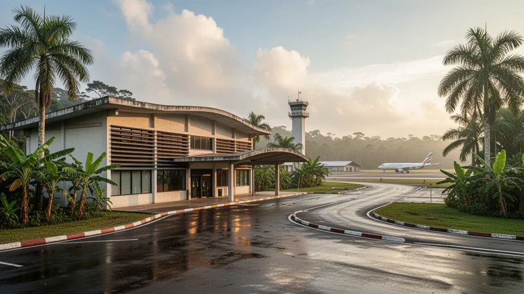 Tropisches Terminalgebäude am FAP David Abenzur Rengifo International Airport in Pucallpa, Peru, mit Palmen, Vorfahrtsbereichen und Blick auf das Vorfeld.