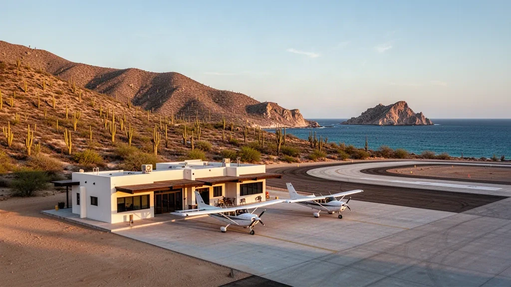Small desert-coastal terminal and runway at Punta Colorada Airport in Baja California Sur, Mexico, under warm golden-hour light
