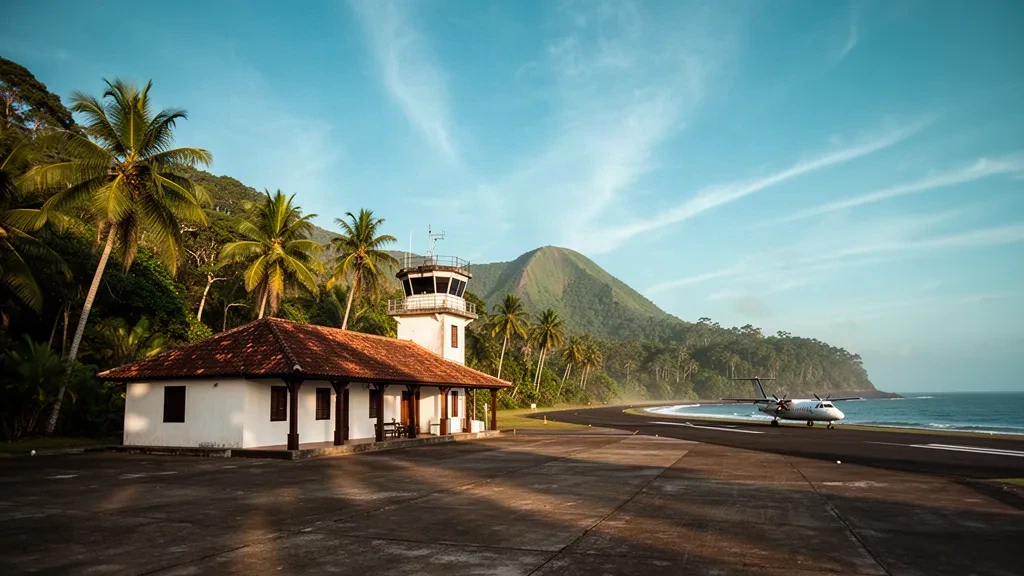 Terminal tropical et tarmac bordé de palmiers à l'aéroport de Príncipe à Santo António, São Tomé-et-Principe, sous une lumière chaude d'après-midi.
