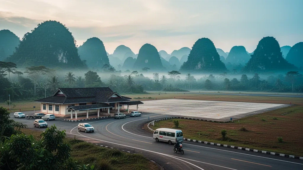 Boun Neau Airport terminal and apron in Phongsaly, Laos, framed by misty green mountains at sunrise