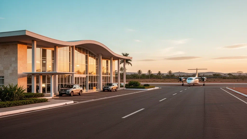 Modern glass terminal and apron at Picos Airport in Piauí, Brazil, glowing under warm late-afternoon light with caatinga scenery.