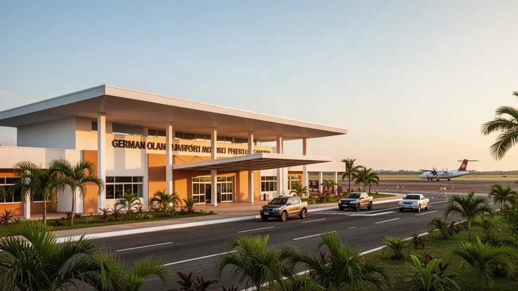 Weitwinkelansicht des modernen Terminals am German Olano Airport in Puerto Carreño, Kolumbien, umgeben von tropischem Grün zur goldenen Stunde.