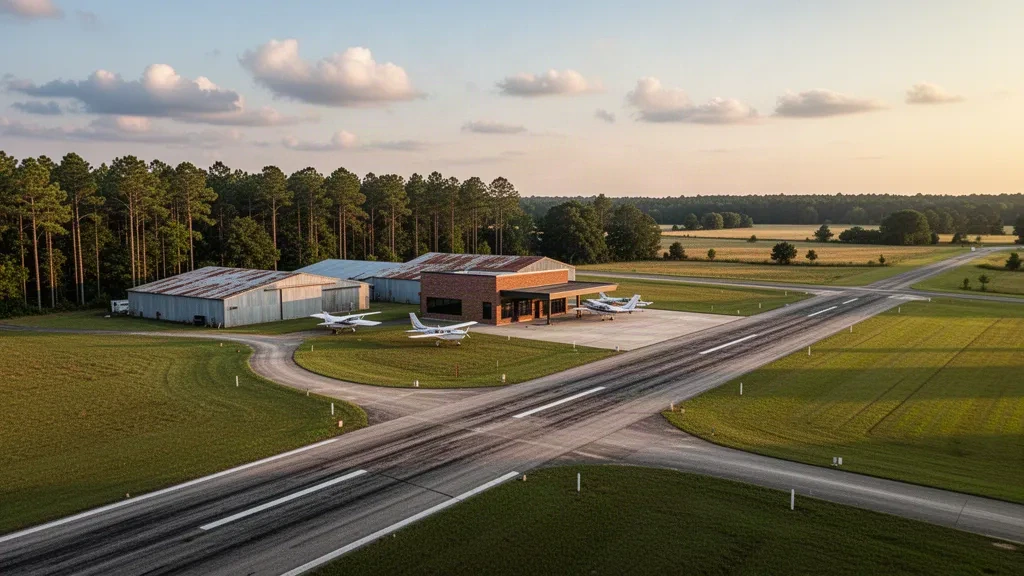 Ländliche Startbahn, Hangars und Kleinflugzeuge am Poplarville Pearl River County Airport in Mississippi zur goldenen Stunde