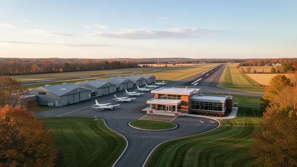 Aérodrome d'aviation générale près de Princeton, New Jersey, avec une piste unique, des hangars et des aéronefs légers à l'heure dorée
