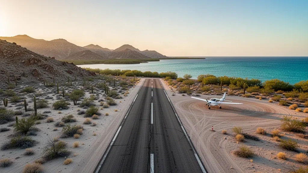 Kleine Wüstenpiste und befestigte Start- und Landebahn am Flughafen Punta Chivato in Baja California Sur nahe dem Golf von Kalifornien zur goldenen Stunde.